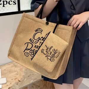 Inspirational “All Things Are Possible “Burlap Tote Bag Khaki with Coin Purse